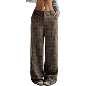 image:imageGORGLITTER Womens Plaid Low Rise Pants Trousers Baggy Wide Leg Dress PantsBrown