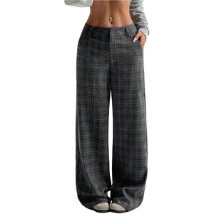 image:imageGORGLITTER Womens Plaid Low Rise Pants Trousers Baggy Wide Leg Dress PantsDark Grey
