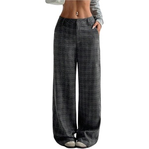 image:imageGORGLITTER Womens Plaid Low Rise Pants Trousers Baggy Wide Leg Dress PantsTall Dark Grey