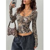 image:imageGORGLITTER Womens Camo Shirt Y2k Long Sleeve Cute V Neck Slim Crop Tee TopGreen Multicolor