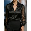 image:imageGORGLITTER Womens Long Sleeve Slik Top Blouse Satin Mesh Striped Collared Shirt Elegant Business Casual Outfit Work WearBlack