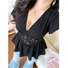 image:imageGORGLITTER Womens Plus Size Peplum Top Lace Sheer Mesh Deep V Short Sleeve Baby Doll Shirt Summer Trendy BlouseBlack