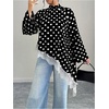 image:imageGORGLITTER Womens Plus Size Polka Dots Tops Lace Long Bell Sleeve Asymmetrical Dressy Going Out Shirts BlouseBlack and White