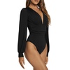 image:imageGORGLITTER Womens Sexy Ruched Deep V Neck Long Sleeve Bodysuit Blouse TopsBlack