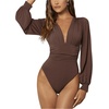 image:imageGORGLITTER Womens Sexy Ruched Deep V Neck Long Sleeve Bodysuit Blouse TopsBrown