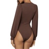 image:imageGORGLITTER Womens Sexy Ruched Deep V Neck Long Sleeve Bodysuit Blouse TopsBrown
