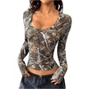 image:imageGORGLITTER Womens Camo Shirt Y2k Long Sleeve Cute V Neck Slim Crop Tee TopGreen Multicolor