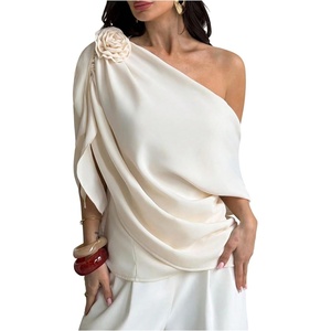 image:imageGORGLITTER Womens Flower Tops Off The Shoulder Ruched Cowl Neck BlousesApricot