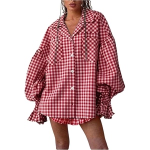 image:imageGORGLITTER Womens Gingham Top Smocked Ruffle Long Sleeve Oversized Button Down Shirt Collar Loose BlouseRed and White