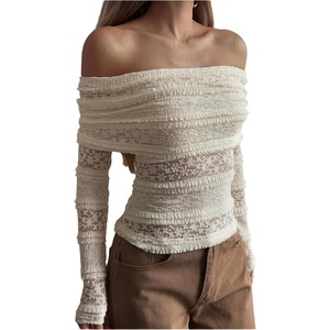 image:imageGORGLITTER Womens Lace Off The Shoulder Tops Cinched Waist Concert TopsBeige