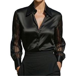 image:imageGORGLITTER Womens Long Sleeve Slik Top Blouse Satin Mesh Striped Collared Shirt Elegant Business Casual Outfit Work WearBlack
