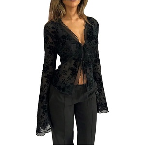 image:imageGORGLITTER Womens Mesh Tie Front Tops Y2K Bell Long Sleeve Going Out TopsPrint Black