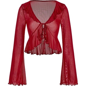 image:imageGORGLITTER Womens Mesh Tie Front Tops Y2K Bell Long Sleeve Going Out TopsRed