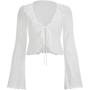 image:imageGORGLITTER Womens Mesh Tie Front Tops Y2K Bell Long Sleeve Going Out TopsWhite