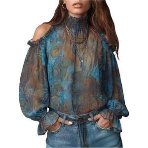 image:imageGORGLITTER Womens Paisley Cold Shoulder Tops Ruffled Flounce Long Sleeve Blouses Chiffon Sheer Mock Neck Boho ShirtBlue