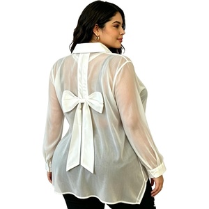 image:imageGORGLITTER Womens Plus Size Bow Shirt Blouse Dressy Sheer Long Sleeve Button Up Chiffon Going Out Tops Dressy CasualWhite
