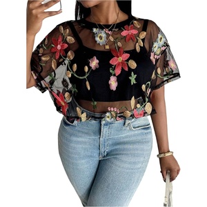 image:imageGORGLITTER Womens Plus Size Floral Sheer Mesh Short Sleeve Crop TopBlack