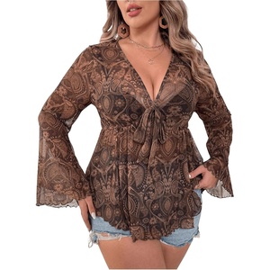 image:imageGORGLITTER Womens Plus Size Mesh Bell Sleeve Peplum Babydoll Top BlouseBrown