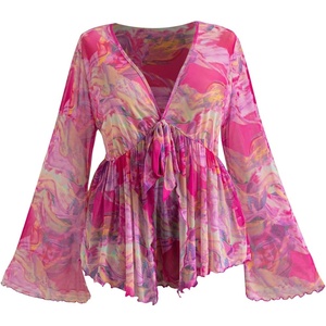 image:imageGORGLITTER Womens Plus Size Mesh Bell Sleeve Peplum Babydoll Top BlousePink