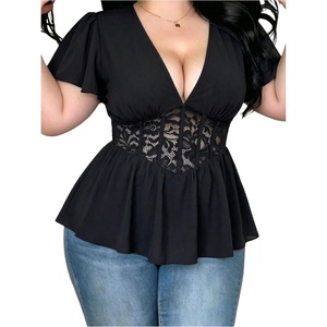 image:imageGORGLITTER Womens Plus Size Peplum Top Lace Sheer Mesh Deep V Short Sleeve Baby Doll Shirt Summer Trendy BlouseBlack