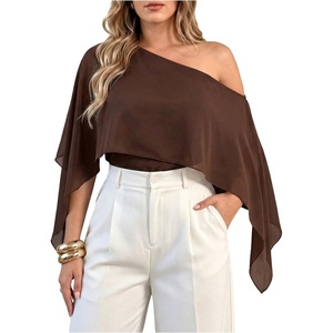 image:imageGORGLITTER Womens Plus Size Sheer Off The Shoulder Poncho Top Flowy Chiffon Shawl Vintage Evening Blouse ShirtBrown