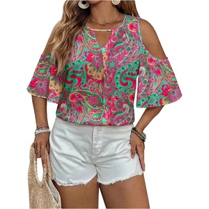 image:imageGORGLITTER Womens Plus Size Summer Cold Shoulder Tops Paisley Blouse ShirtMulticolor