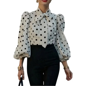 image:imageGORGLITTER Womens Polka Dots Blouse Bow Tie Neck Lantern 34 Sleeve Shirt Elegant Business Work Casual TopWhite and Black