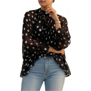 image:imageGORGLITTER Womens Polka Dots Top Chiffon Lantern Sleeve Flowy BlousesBlack