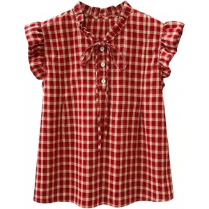 image:imageGORGLITTER Womens Red Gingham Blouses Ruffle Cap Sleeve Plaid Cute TopsRed