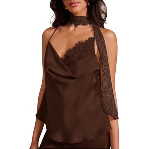 image:imageGORGLITTER Womens Satin Lace Top Silk Draped Cowl Neck Elegant CamisoleCoffee Brown