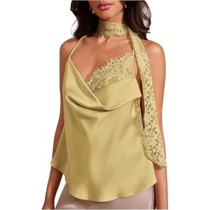 image:imageGORGLITTER Womens Satin Lace Top Silk Draped Cowl Neck Elegant CamisoleLight Yellow