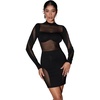 image:imageGORGLITTER Womens Sheer Mesh Cut Out Bodycon Dress Long Sleeve Mock Neck Mini Pencil DressesBlack