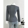 image:imageGORGLITTER Womens 2 in 1 Style Long Sleeve Blouse Dressy Casual Button Down Collared Knit Tight ShirtsDark Grey