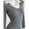 image:imageGORGLITTER Womens 2 in 1 Style Long Sleeve Blouse Dressy Casual Button Down Collared Knit Tight ShirtsDark Grey