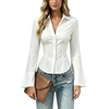 image:imageGORGLITTER Womens Bell Long Sleeve Button Down Shirts Cinched Waist TopsWhite
