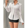 image:imageGORGLITTER Womens Bell Long Sleeve Button Down Shirts Cinched Waist TopsWhite Striped
