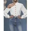 image:imageGORGLITTER Womens Bishop Long Sleeve Asymmetrical Top Gold Metal Button Down Shirt Fall Dressy Casual Office BlouseWhite