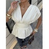 image:imageGORGLITTER Womens Cinched Waist Peplum Tops Dressy Ruffle Babydoll ShirtApricot