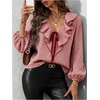 image:imageGORGLITTER Womens Gingham Top Ruffle Tie Front Bishop Long Sleeve V Neck Blouse Vintage Dressy Casual Office ShirtRed