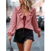 image:imageGORGLITTER Womens Gingham Top Ruffle Tie Front Bishop Long Sleeve V Neck Blouse Vintage Dressy Casual Office ShirtRed