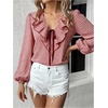 image:imageGORGLITTER Womens Gingham Top Ruffle Tie Front Bishop Long Sleeve V Neck Blouse Vintage Dressy Casual Office ShirtRed