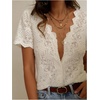 image:imageGORGLITTER Womens Lace Blouse Tops Sheer Dressy Button Up Elegant Date Night Going Out Short Sleeve V Neck ShirtsApricot