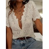 image:imageGORGLITTER Womens Lace Blouse Tops Sheer Dressy Button Up Elegant Date Night Going Out Short Sleeve V Neck ShirtsApricot