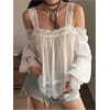 image:imageGORGLITTER Womens Lace Cold Shoulder Tops Chiffon Ruffle Sleeve BlouseBeige