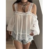image:imageGORGLITTER Womens Lace Cold Shoulder Tops Chiffon Ruffle Sleeve BlouseBeige