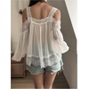 image:imageGORGLITTER Womens Lace Cold Shoulder Tops Chiffon Ruffle Sleeve BlouseBeige