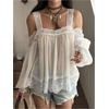 image:imageGORGLITTER Womens Lace Cold Shoulder Tops Chiffon Ruffle Sleeve BlouseBeige