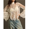 image:imageGORGLITTER Womens Lace Flowy Blouses Mock Neck Bell Sleeve Boho TopsWhite