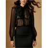 image:imageGORGLITTER Womens Mesh Sheer Blouse Bow Neck Bishop Long Sleeve TopsBlack