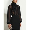image:imageGORGLITTER Womens Mesh Sheer Blouse Bow Neck Bishop Long Sleeve TopsBlack